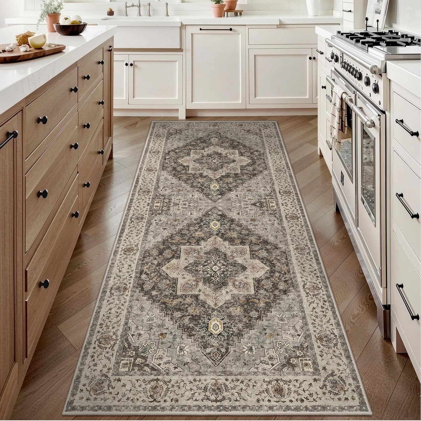 Tangsoo 2x6 Washable Runner Rug for Hallways, Non Slip Vintage Runner, Soft Low Pile Long Rug Runner, Print Distressed Brown/Grey Carpet Runners for Kitchen Bedroom Entryway Bathroom Living Room