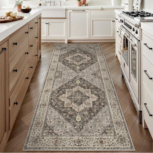 Tangsoo 2x6 Washable Runner Rug for Hallways, Non Slip Vintage Runner, Soft Low Pile Long Rug Runner, Print Distressed Brown/Grey Carpet Runners for Kitchen Bedroom Entryway Bathroom Living Room