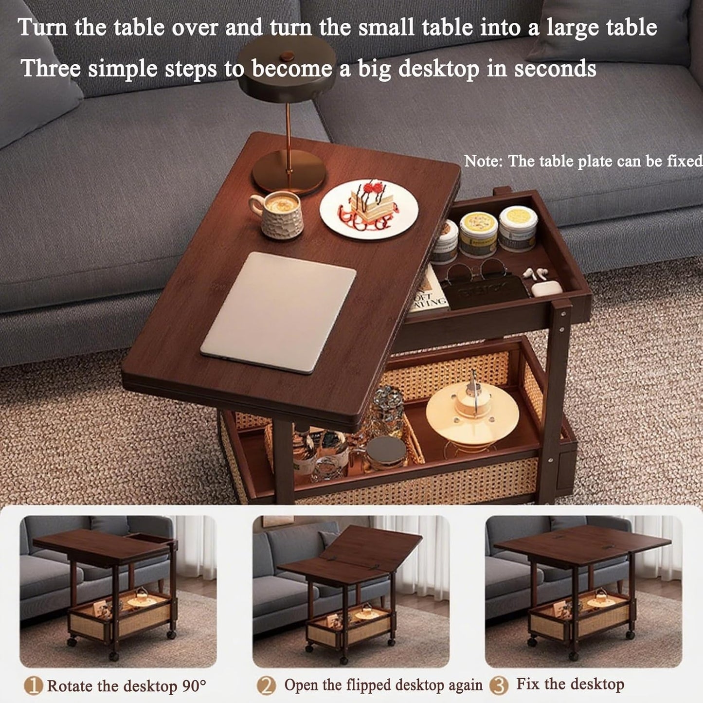 C-Shaped End Table, Sofa Side Table with Rotating Wheels, Rolling End Table with Storage, Small Couch Side Table for Bedroom, Swivel Tray Table for Living Room, Office (Square)
