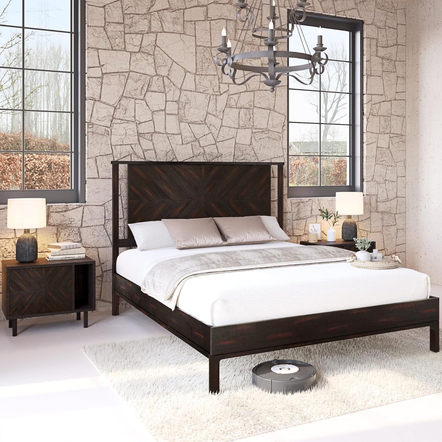 Bme Vivian 14 Inch Deluxe Bed Frame with Headboard, Rustic & Scandinavian Style with Solid Acacia Wood, No Box Spring Needed, 12 Strong Wood Slat Support, Easy Assembly, Queen, Rustic Black