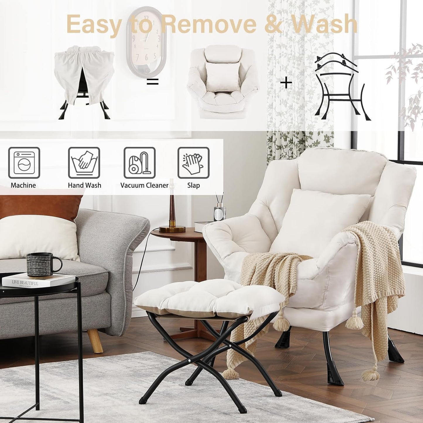 Lazy Chair with Ottoman, Modern Large Accent Lounge Chair with a Pillow, Leisure Sofa Armchair with Ottoman, Reading Chair with Footrest for Bedroom, Living Room, Dorm Room,Peach Beige