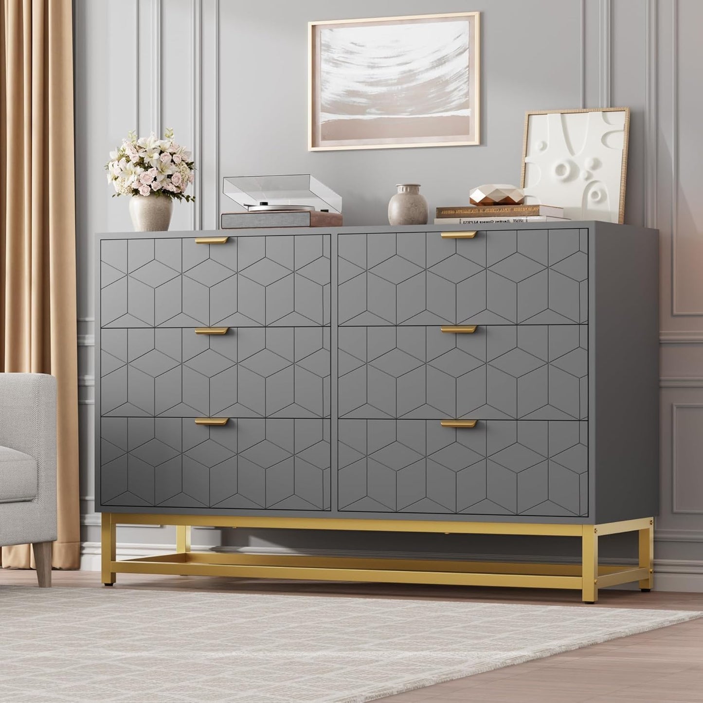 GAOMON Grey Dresser for Bedroom,Modern 6 Drawer Double Dresser with Gold Handles,Long Storage Organizer for TV Stand & Closet,Large Chest of Drawers for Living Room,Hallway,Entryway