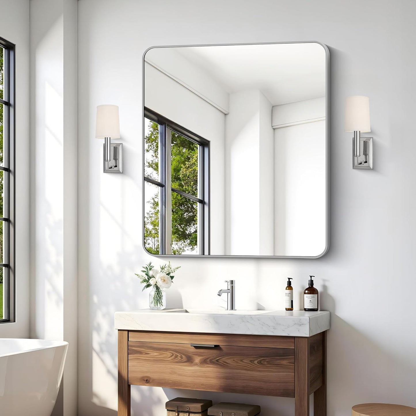 36x40 Inch Silver Bathroom Mirror, Metal Framed Silver Rectangle Mirrors, Rounded Rectangular Vanity Mirror, Wall Mounted Mirrors for Living Room Bedroom Entryway Hangs Horizontal or Vertical