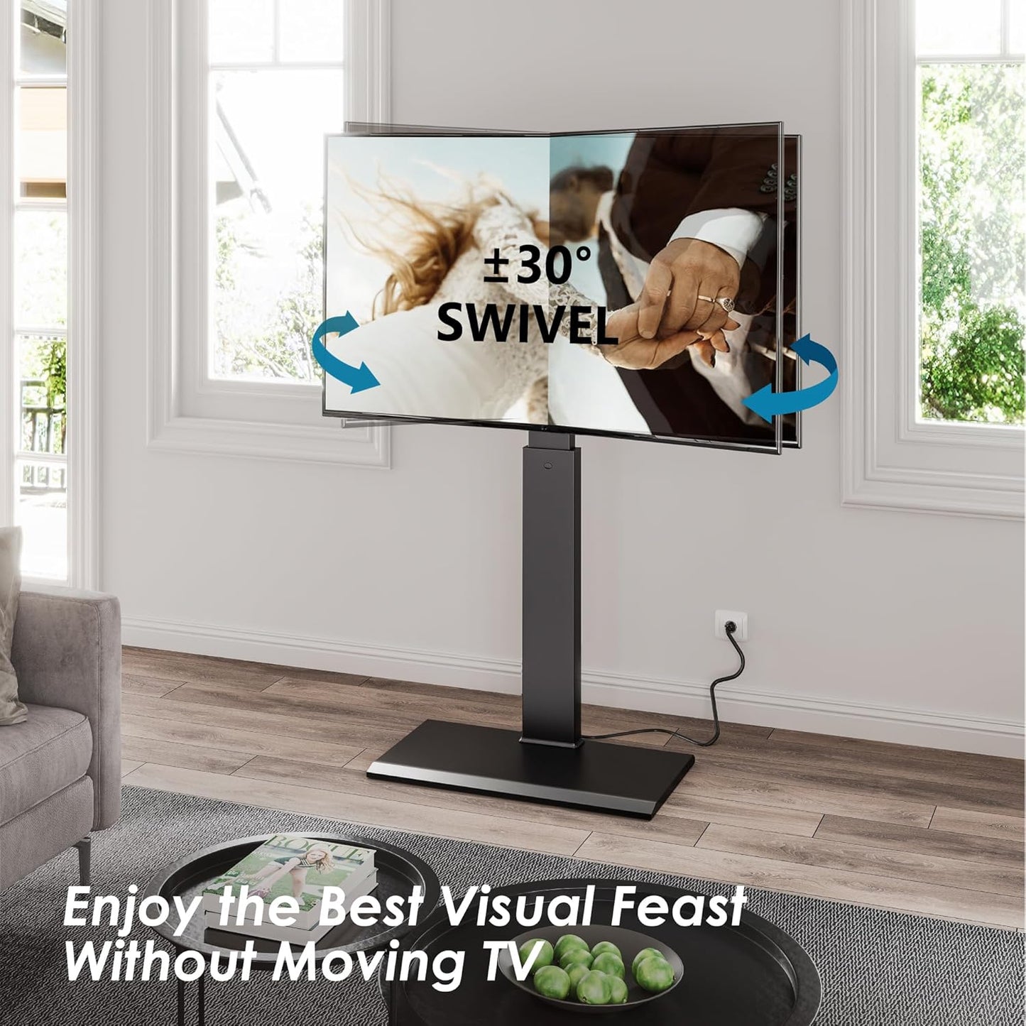 FITUEYES Floor Swivel TV Stand with Power Outlet for 32-65 Inch TVs, Floor TV Stand with Mount Height Adjustable with Iron Base, Hold Up to 88lbs, Space Saving for Bedroom, Living Room