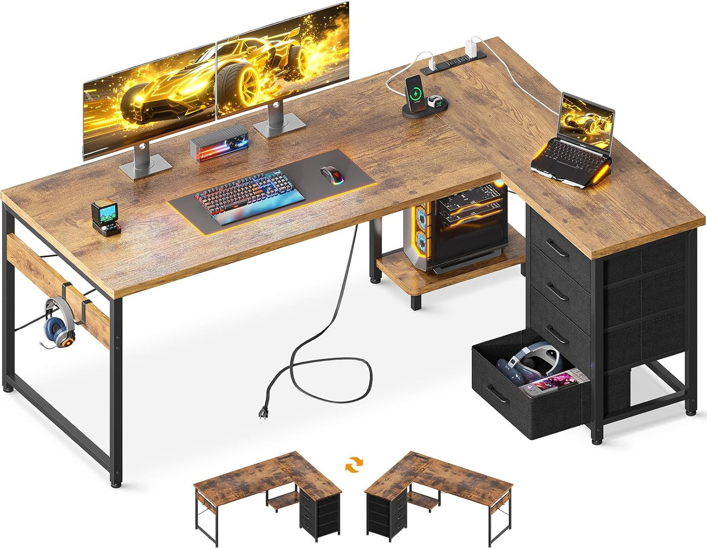 AODK L Shaped Desk with 4 Tier Drawers, 61" Reversible Gaming Desk with Power Outlets, L Shaped Computer Table with USB Charging Port and Host Stand, Home Office Table, Easy to Assemble, Vintage