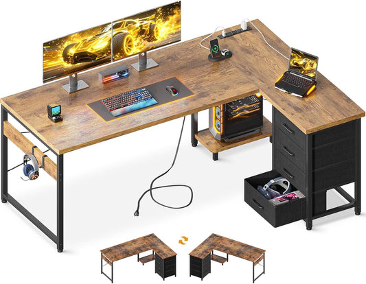 AODK L Shaped Desk with 4 Tier Drawers, 61" Reversible Gaming Desk with Power Outlets, L Shaped Computer Table with USB Charging Port and Host Stand, Home Office Table, Easy to Assemble, Vintage