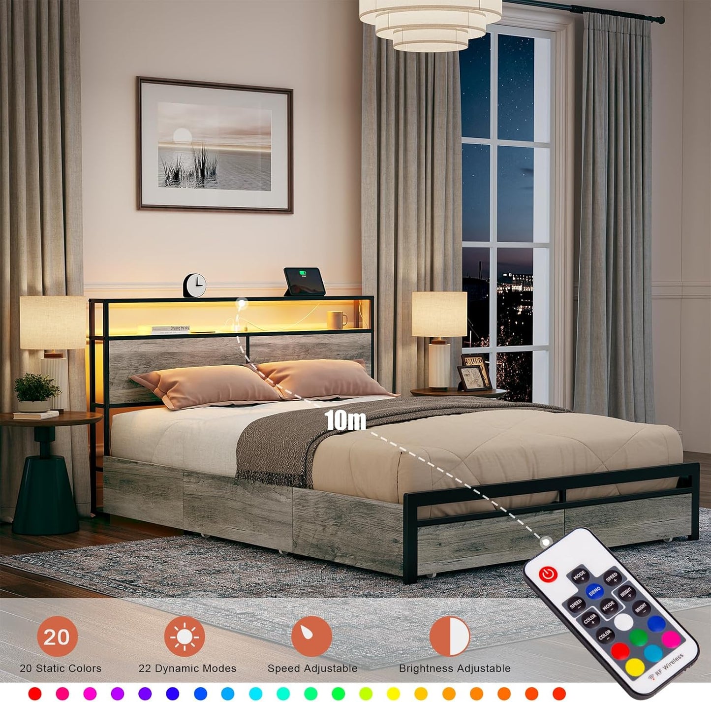 Queen Size Bed Frame with Storage Headboard and 4 Drawers LED Lighting Sturdy Metal Slat Support Non-Slip Noise-Free Platform No Box Spring Needed Greige