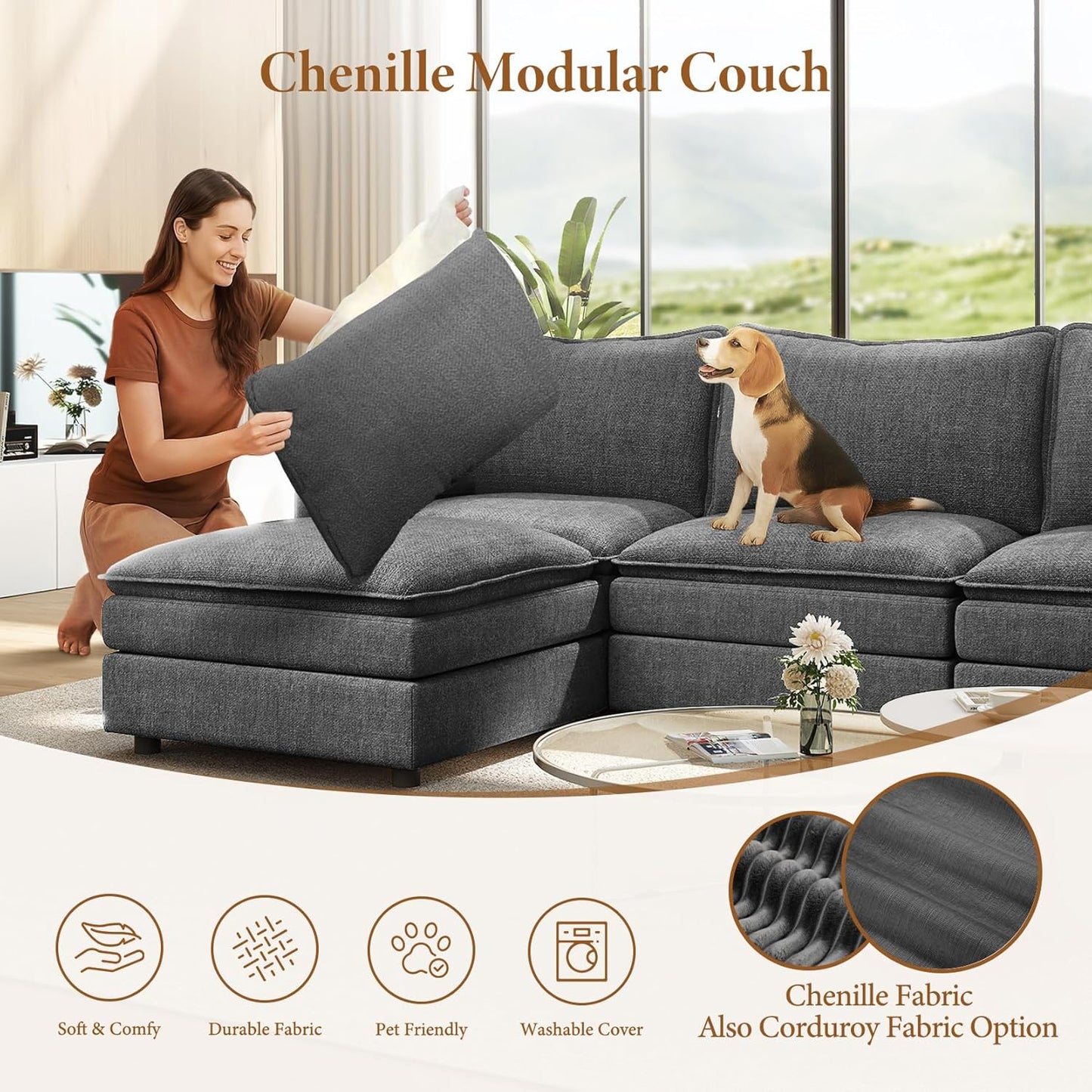 Vesgantti Large Modular Sectional Sofa, Big Comfy Cloud Couch with Ottoman Deep Seat Chenille Cloud Sofa, 8 Seater Large Sectional Couches for Living Room, Bedroom and Apartment, Gray