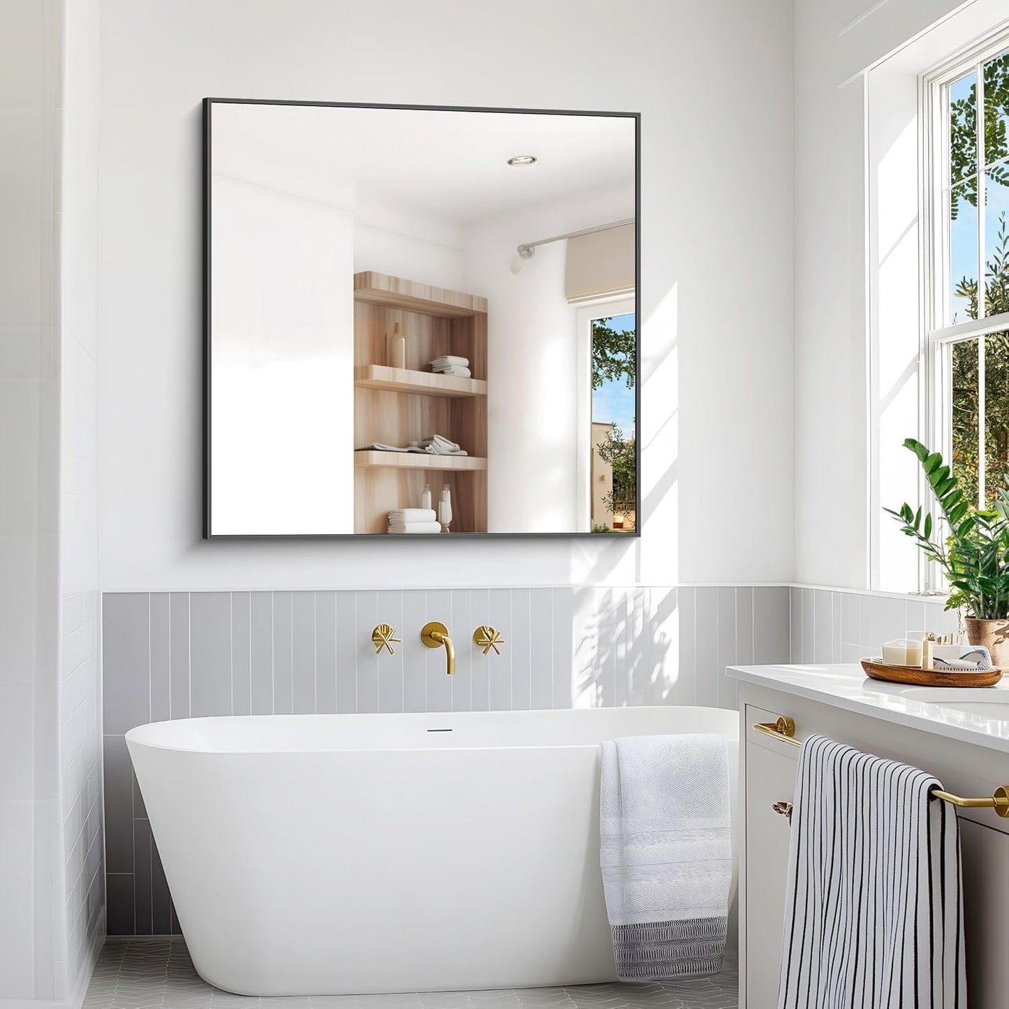 BONEWEI Bathroom Mirror,48x48 inch Large Wall Mirror for Bathroom Wall Mounted,Black Rectangle Wall Mirrors,Square Mirror for Living Room,Farmhouse, Bedroom Entryway, Horizontal/Vertical