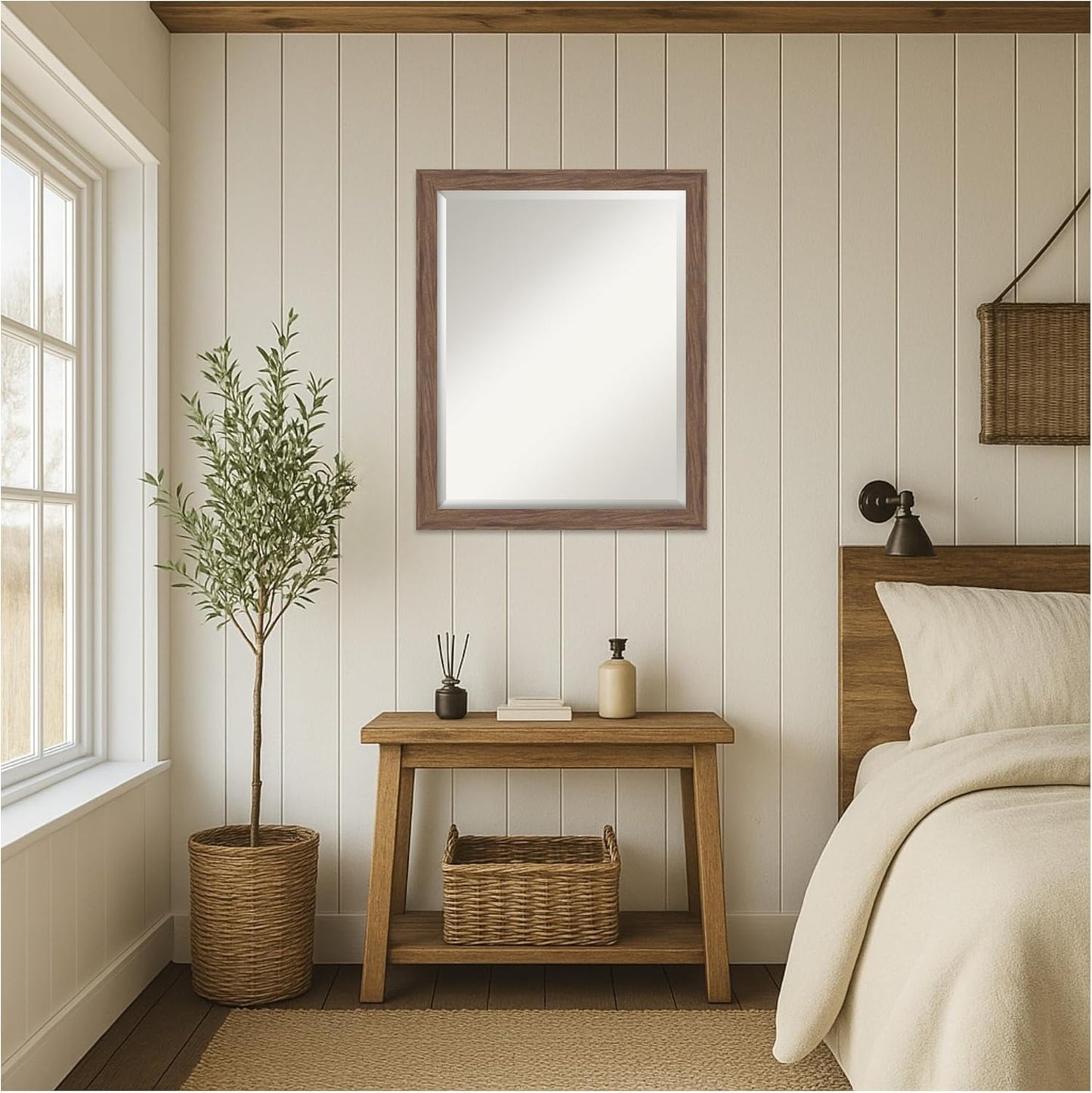 Amanti Art Brown Wall Mirror 25x31 Pia Medium Brown Narrow Rectangle Bathroom Mirror for Wall Decor Living Room, Large Casual Frame, Hangs Horizonally and Vertically, Bathroom Decor, Beveled Edge