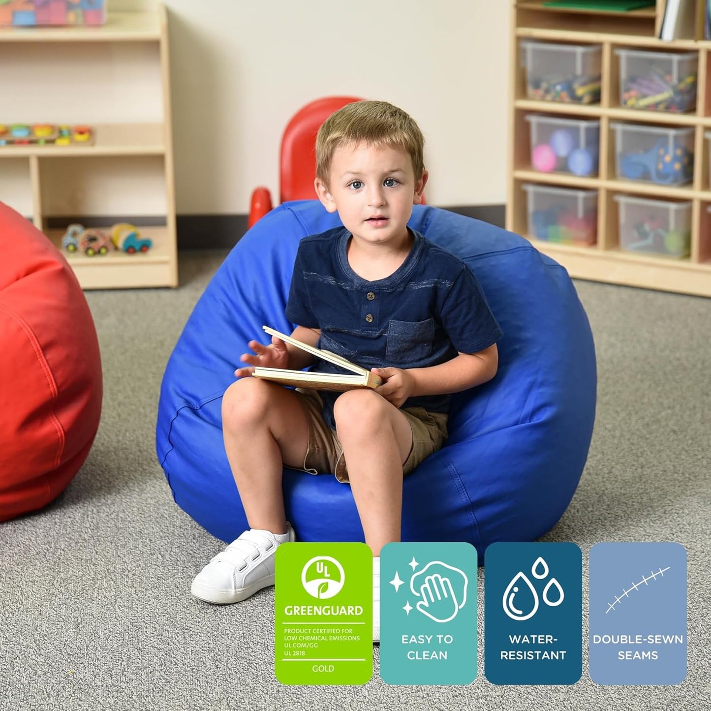 Children's Factory 26" Round Bean Bag, Bean Bag Chair with Water-Resistant Cover for Kids, Flexible Seating for Classroom Elementary, Easy to Clean, Blue