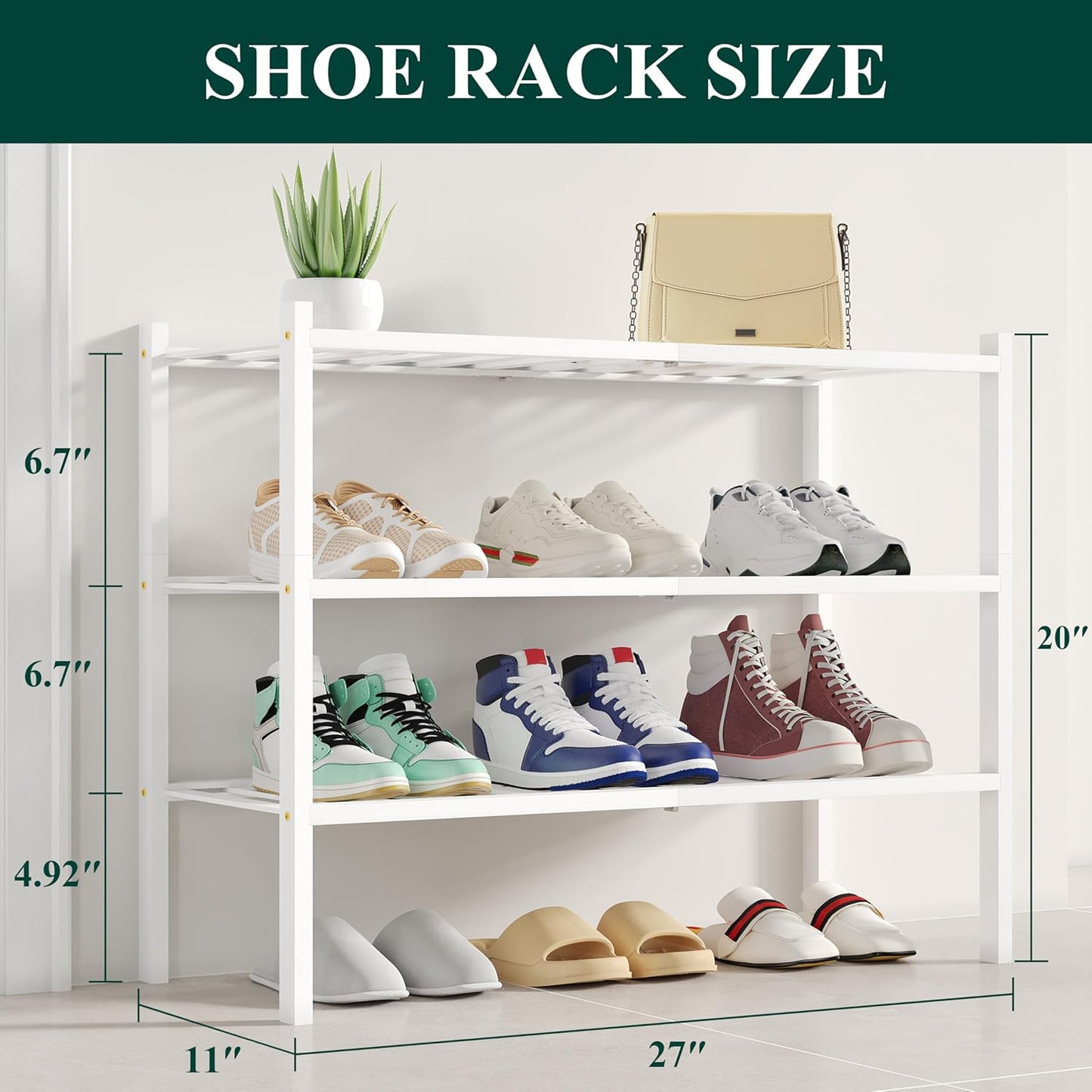 Smiry Shoe Rack, 3 Tier Small Bamboo Shoe Organizer, Stackable Free Standing Wooden Shoe Storage Shelf for Closet, Entryway, Front Door Entrance, White