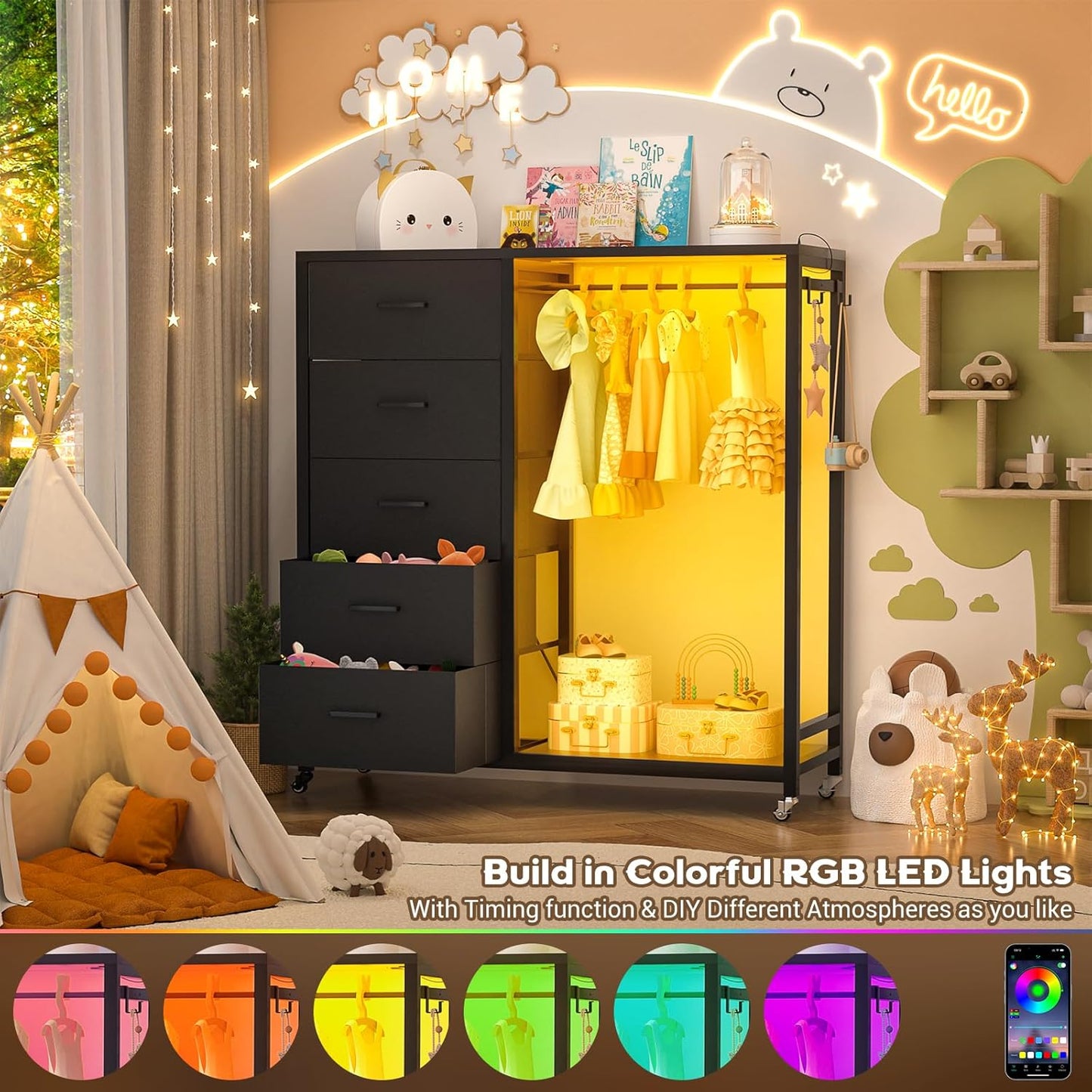 Cyclysio Dresser for Bedroom with Clothes Rack, 5 Fabric Drawers Dresser with Charging Station & LED Lights, Black Storage Chest of Drawers with Wheels, Wooden Top, Lockable Wheels, Closet, Black