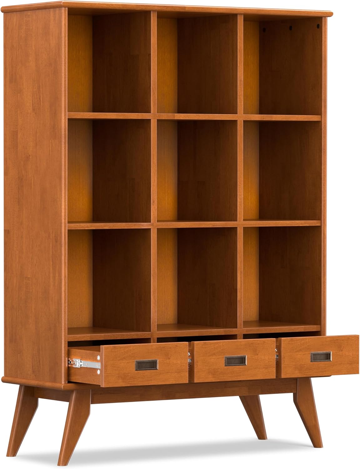SIMPLIHOME Draper Bookcase - 58 inch Tall 9-Cube Solid Hardwood Cube Organizer with Drawers in Teak Brown, Mid-Century Storage for Living Room, Entryway or Bedroom with Cubbies and Angled Legs