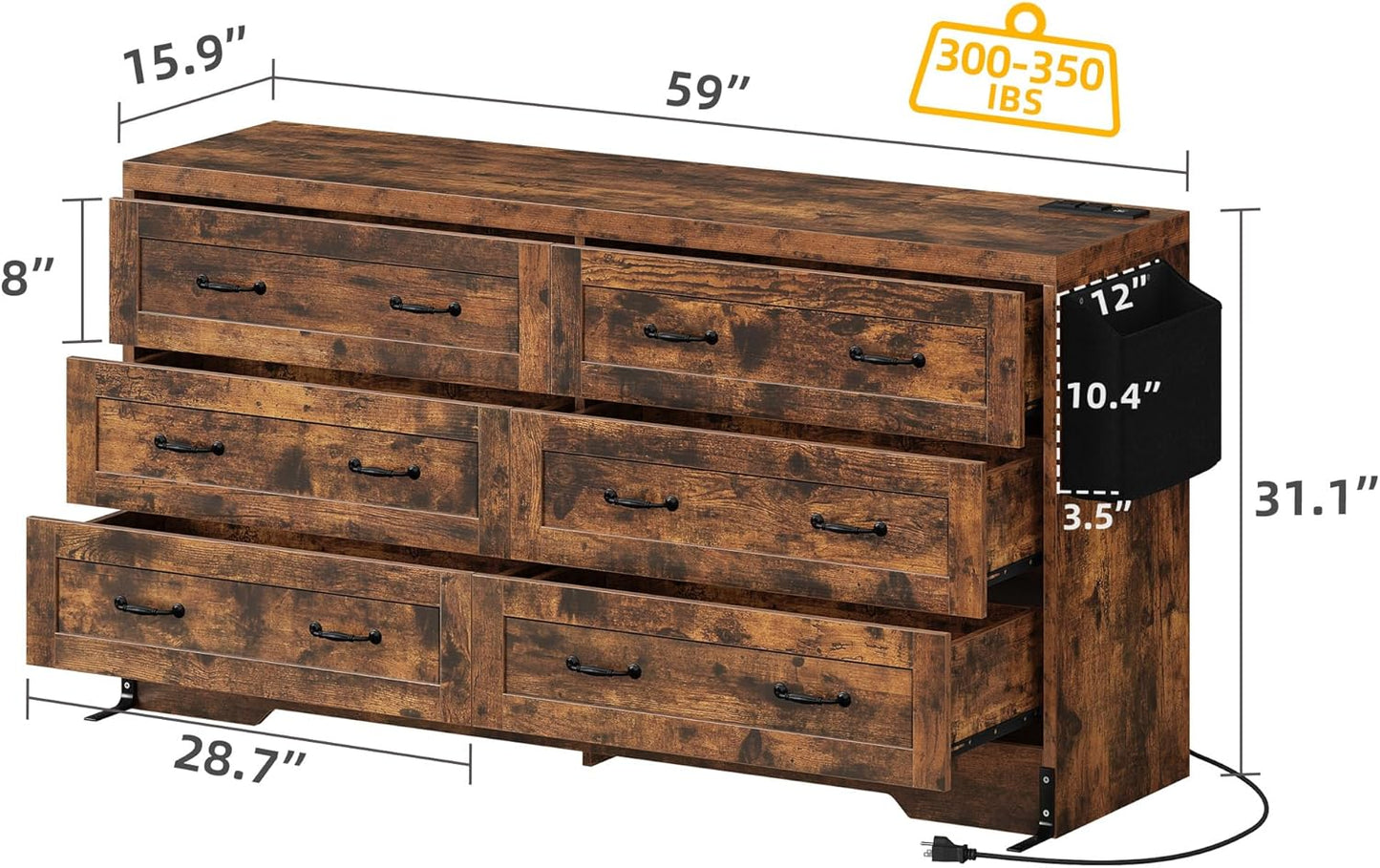 YITAHOME Rustic Brown Drawers TV Stand for 65 inches with Power Outlets -Chest of Drawers Dresser with Side Organizer Bag Entertainment Center TV Console
