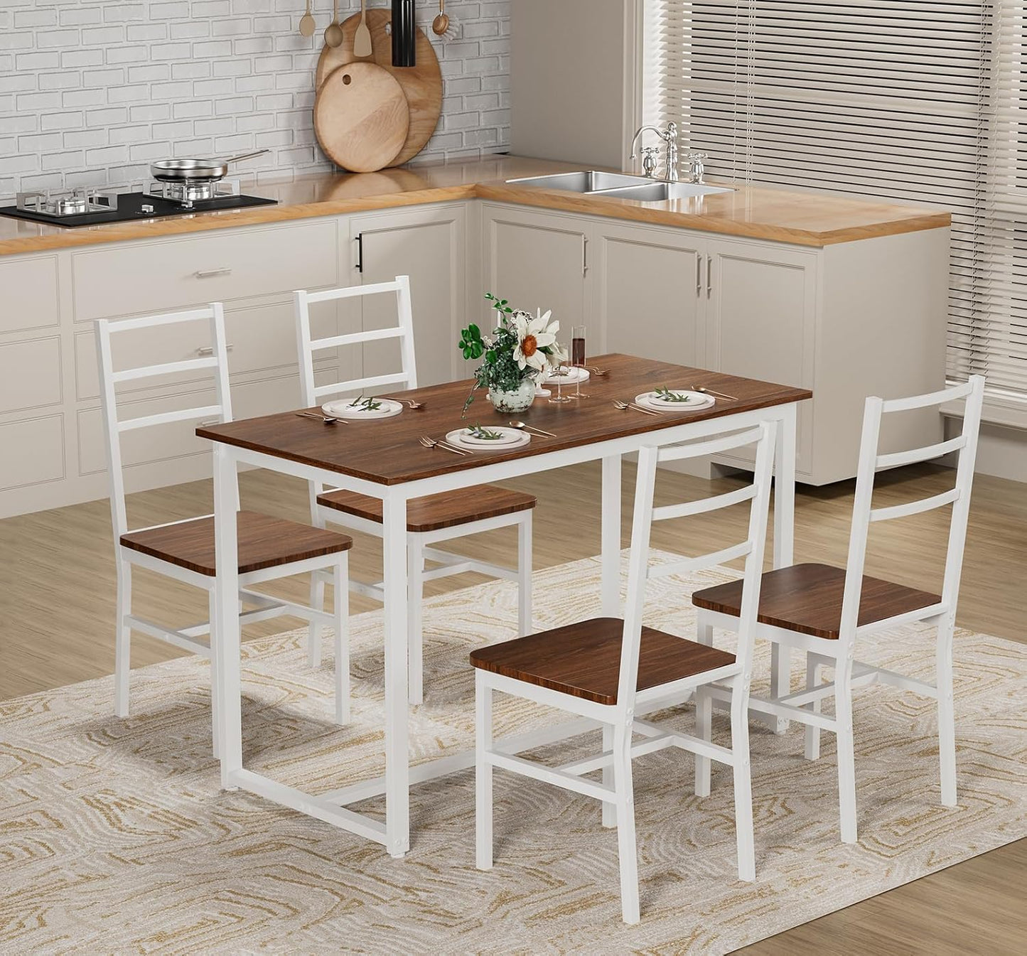 5-Piece Dining Table Set with 4 Chairs, 47.2" Kitchen Table Chairs Set of 4, Rectangular Industrial Style Dining Room Table Set with Backrest, Perfect for Small Space, Brown+White
