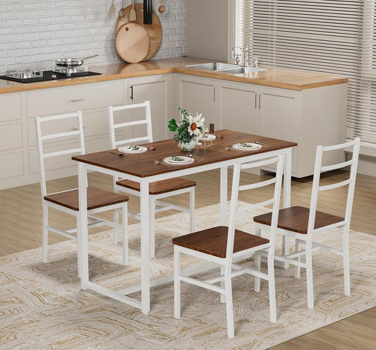 5-Piece Dining Table Set with 4 Chairs, 47.2" Kitchen Table Chairs Set of 4, Rectangular Industrial Style Dining Room Table Set with Backrest, Perfect for Small Space, Brown+White