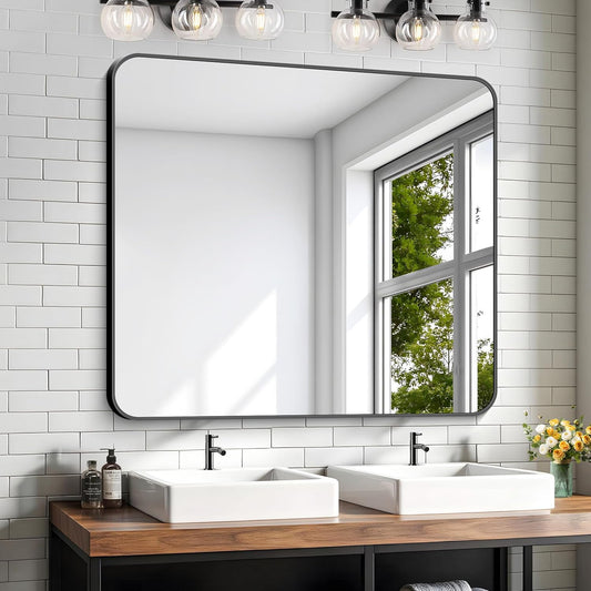 KOCUUY Black Rectangle Mirror, 36"x40" Vanity Mirror for Over Sink, Large Metal Framed Mirror with Rounded Corner for Bathroom Living Room Bedroom Dining Room, Hang Horizontal/Vertical