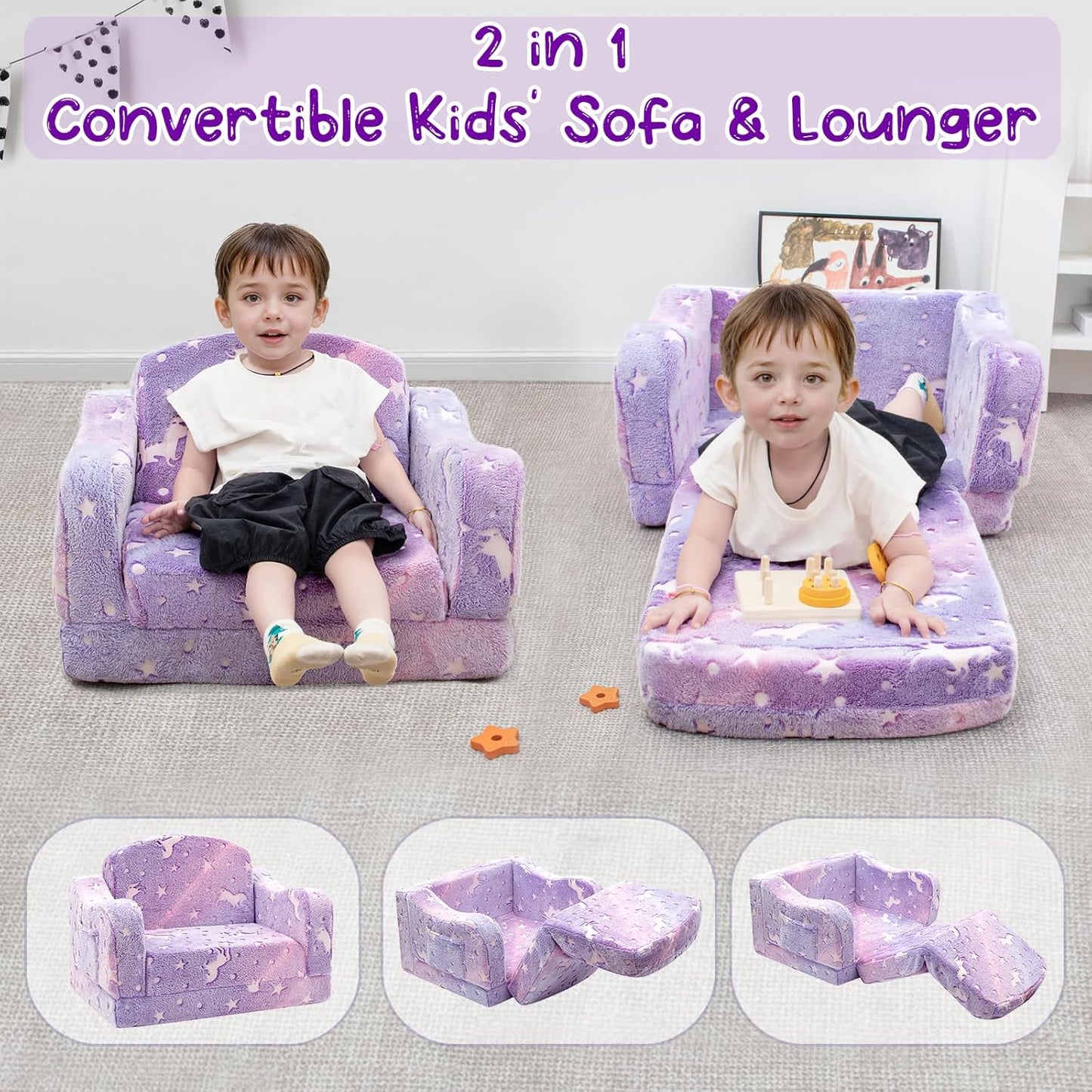 Comfy Toddler Couch and Chair for Kids with Blanket, 2-in-1 Soft Plush Fold Out Kids Sofa Chairs for Girls and Boys, Convertible Sofa to Lounger for Playroom