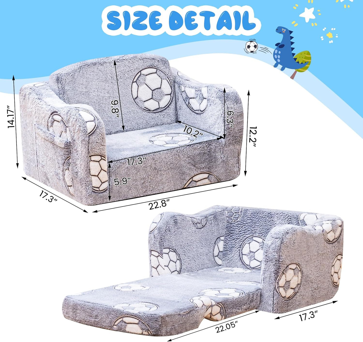 Lamerge 2-in-1 Toddler Couch,Glow in The Dark Baby Floor Bed,Foldable Toddler Chair Kids Sofa for playroom,Convertible Sofa to Lounger for Girls and Boys (Grey and Football)