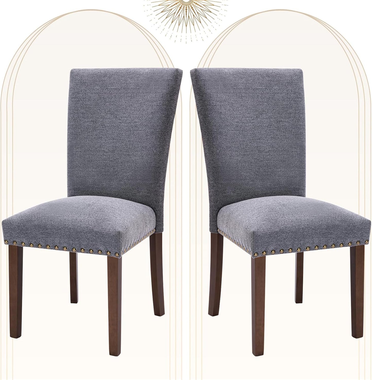 COLAMY Upholstered Parsons Dining Chairs Set of 2, Fabric Dining Room Kitchen Side Chair with Nailhead Trim and Wood Legs - Dark Grey