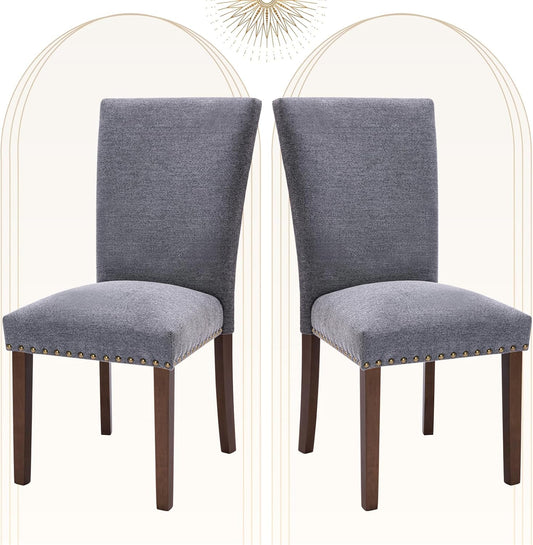 COLAMY Upholstered Parsons Dining Chairs Set of 2, Fabric Dining Room Kitchen Side Chair with Nailhead Trim and Wood Legs - Dark Grey