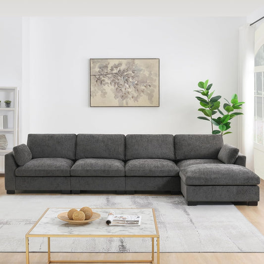Ball & Cast Oversized Modular L Shaped Sectional Sofa W/Movable Ottoman and USB Ports,5 Seater Comfy Cloud Couch W/2 Armrest Pillows,Folding Table & Side Pocket,for Living Room,Apartment,Charcoal,130"