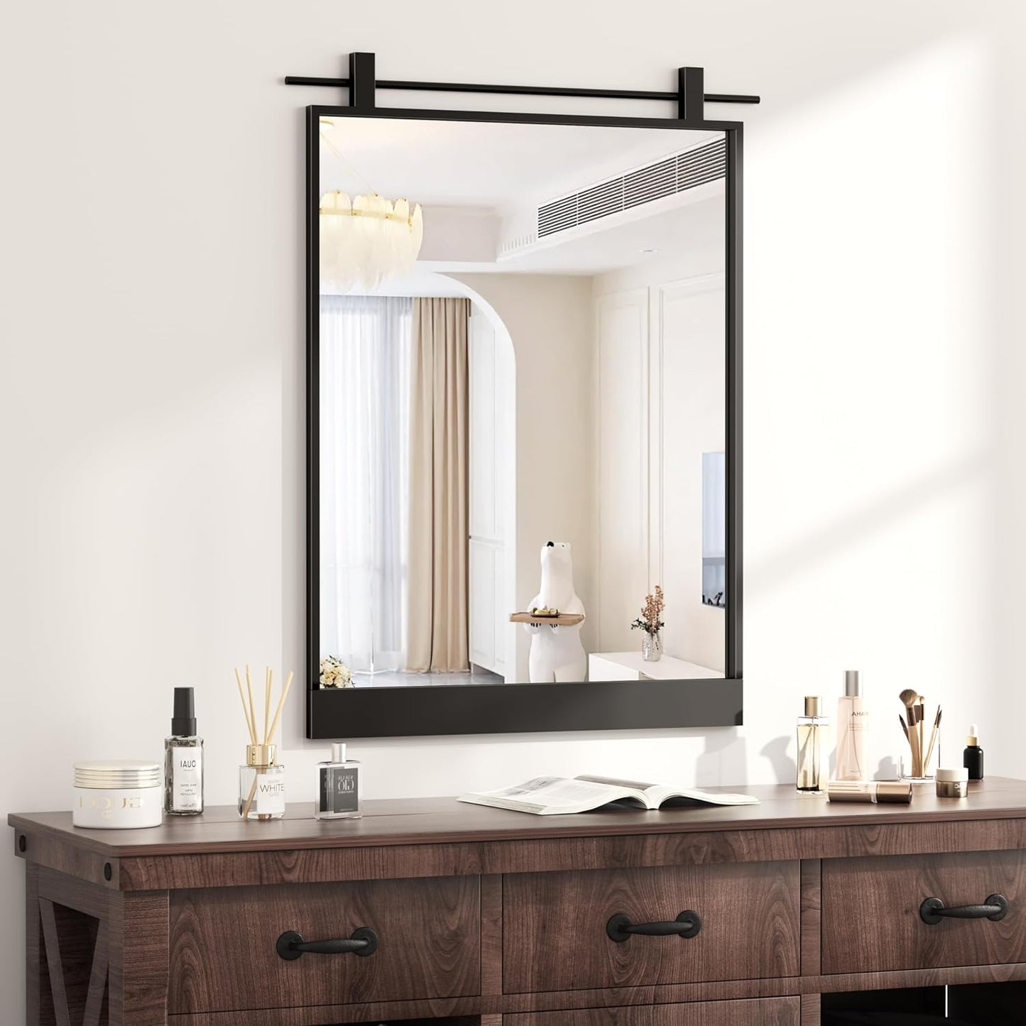 24x36 Inch Rectangle Bathroom Vanity Mirror for Wall Mounted Over Sink Farmhouse Rustic Matte Black Frame Barn Door Mirrors Foyer Entryway Decor