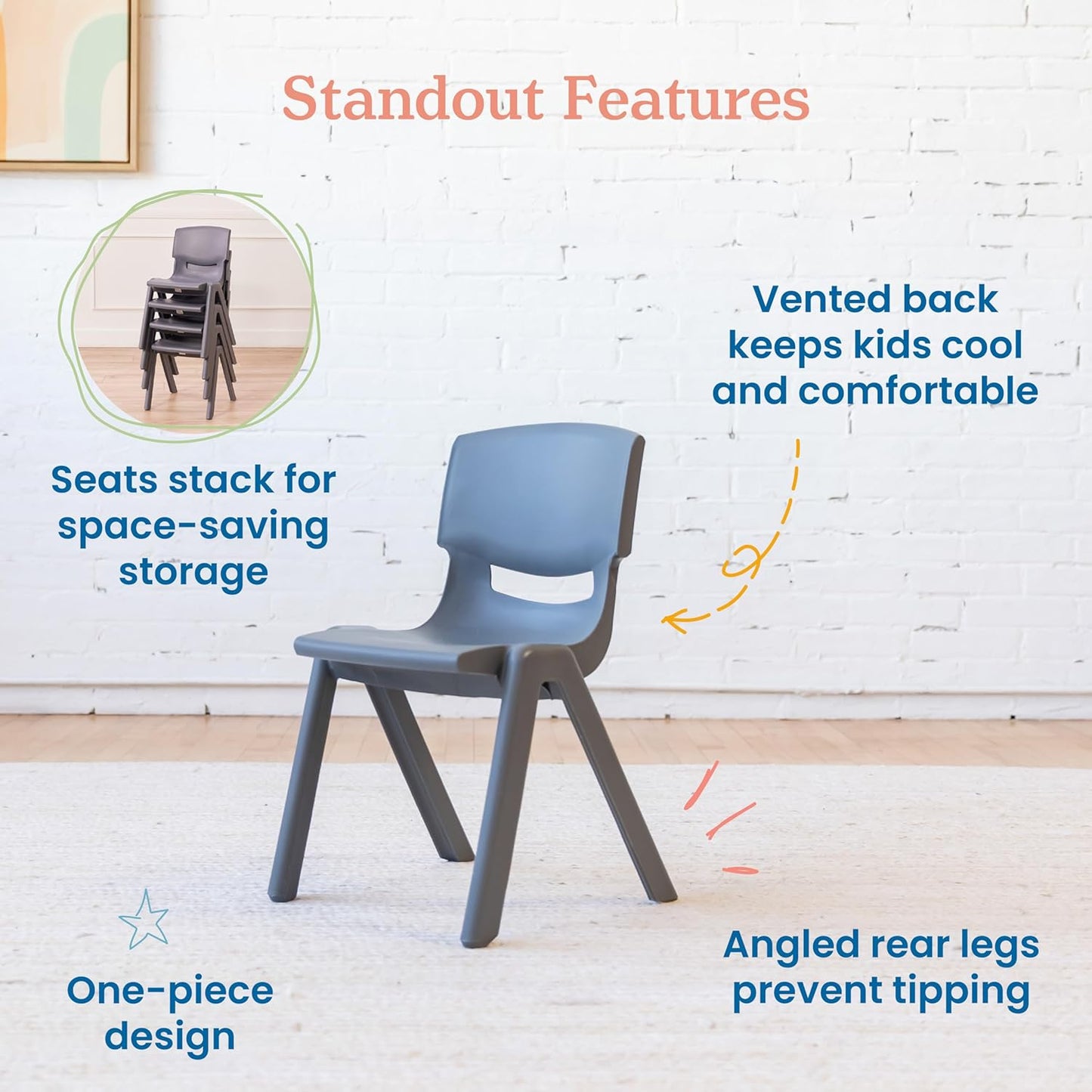 ECR4Kids 14in Plastic School Stack Chair, Children's Furniture, Grey, 4-Pack