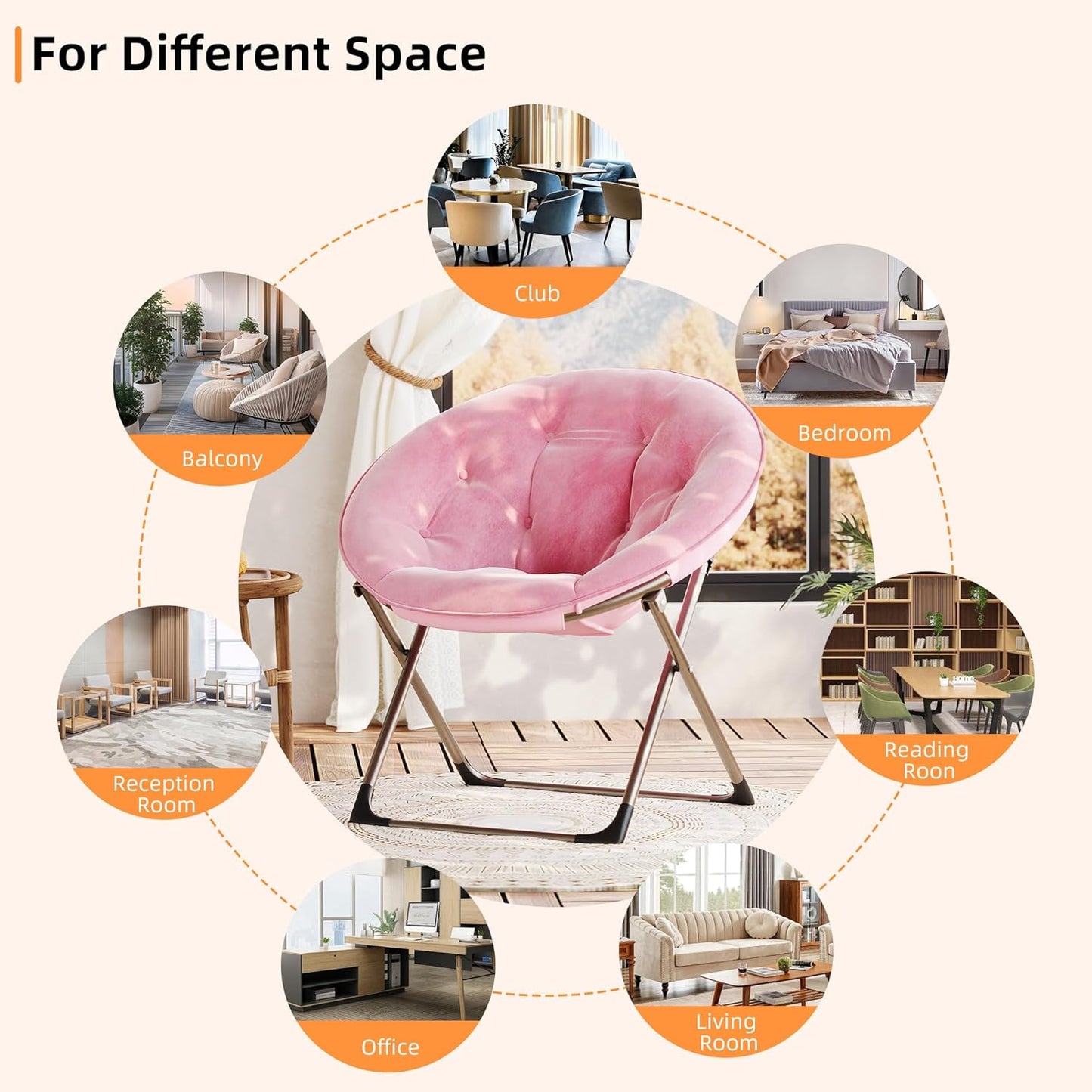 Comfy Saucer Chairs, Pink Folding Reading Lounge Chair, Cozy Faux Fur Living Room Chair with Soft Thick Padded Seat & Metal Frame, Modern Style Bedroom Home for Kids Adults, X-Large, Gold Legs