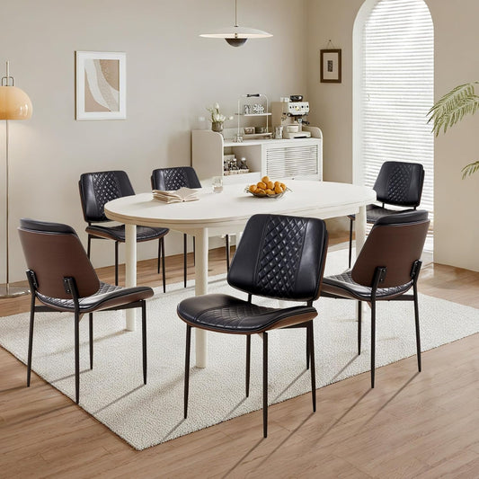 Dining Chairs Set of 6, Upholstered PU Leather Armless Chair, Mid Century Modern Dining Room Chairs, Retro Walnut Bentwood Kitchen Chair with Metal Legs and Adjustable Feet, Black