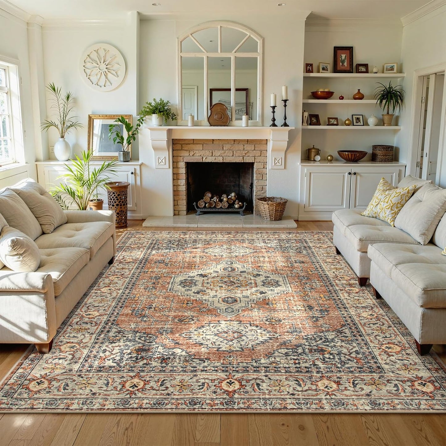 Lahome Oriental Washable Rugs 8x10, Non-Slip Soft 8x10 Rugs for Living Room Bedroom, Stain Resistant Ultra-Thin Vintage Accent Carpet for Dining Room Office, Peach/Orange