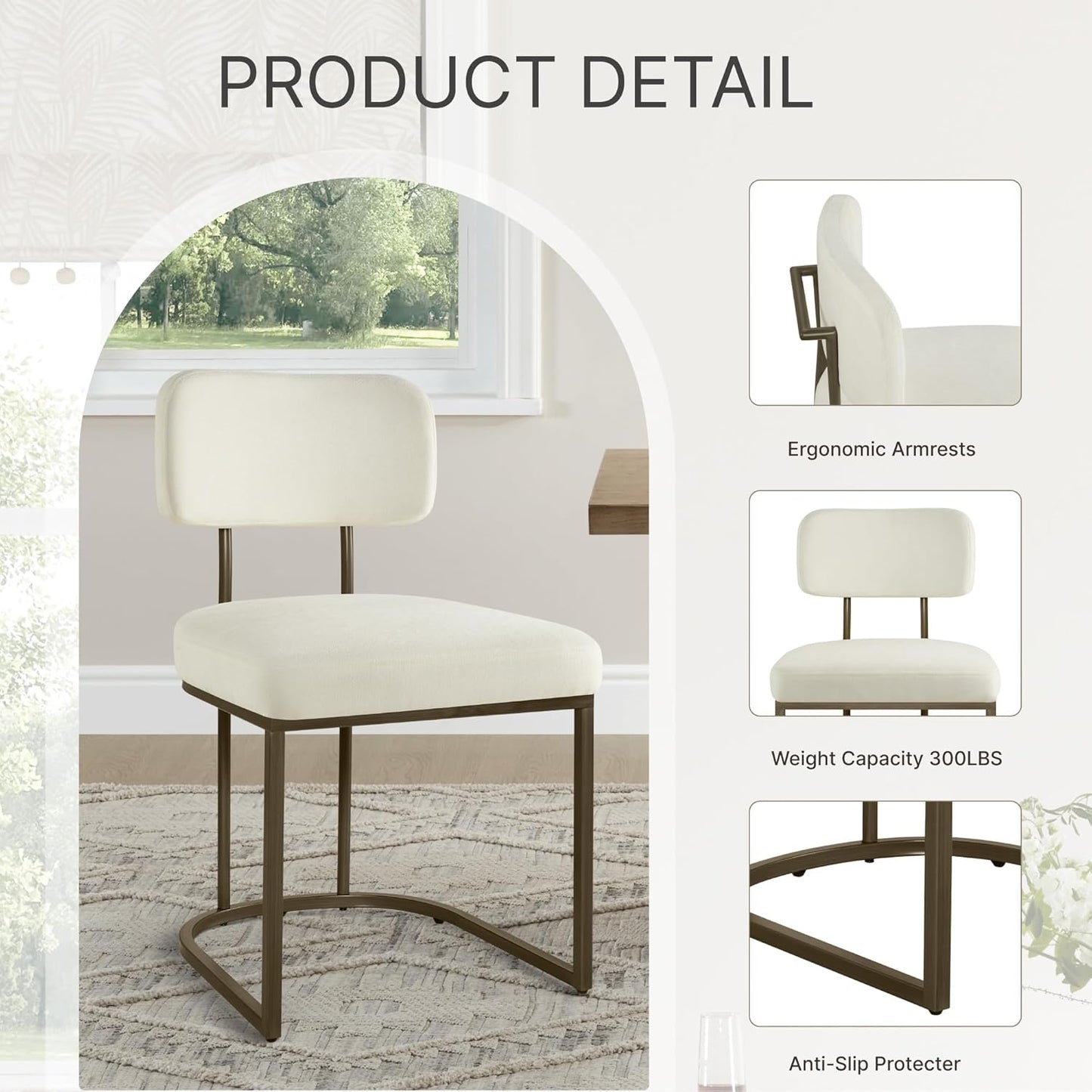 Dining Chairs Set of 4, Upholstered Modern Kitchen Chairs with Ergonomic Backrest, Fabric Cushion Seat & Metal Legs for Living Room, Restaurant, and Café, Ivory, 2Boxs