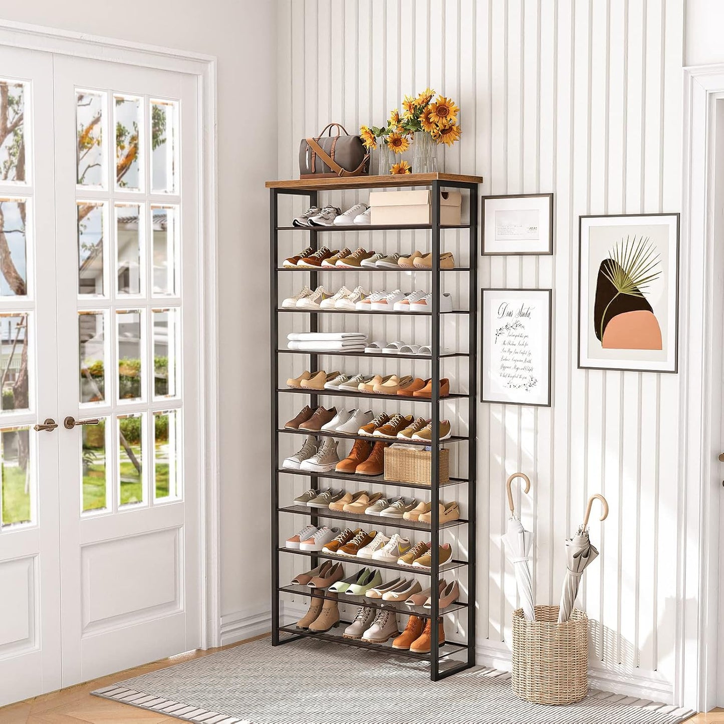 HOOBRO 12-Tier Shoe Rack, 29.5" L Shoe Storage Organizer, Large Capacity Shoe Shelf for Front Door Entrance, Entryway, Closet, Holds 36-48 Pairs of Shoes, Closet, Rustic Brown and Black BF127XJ01