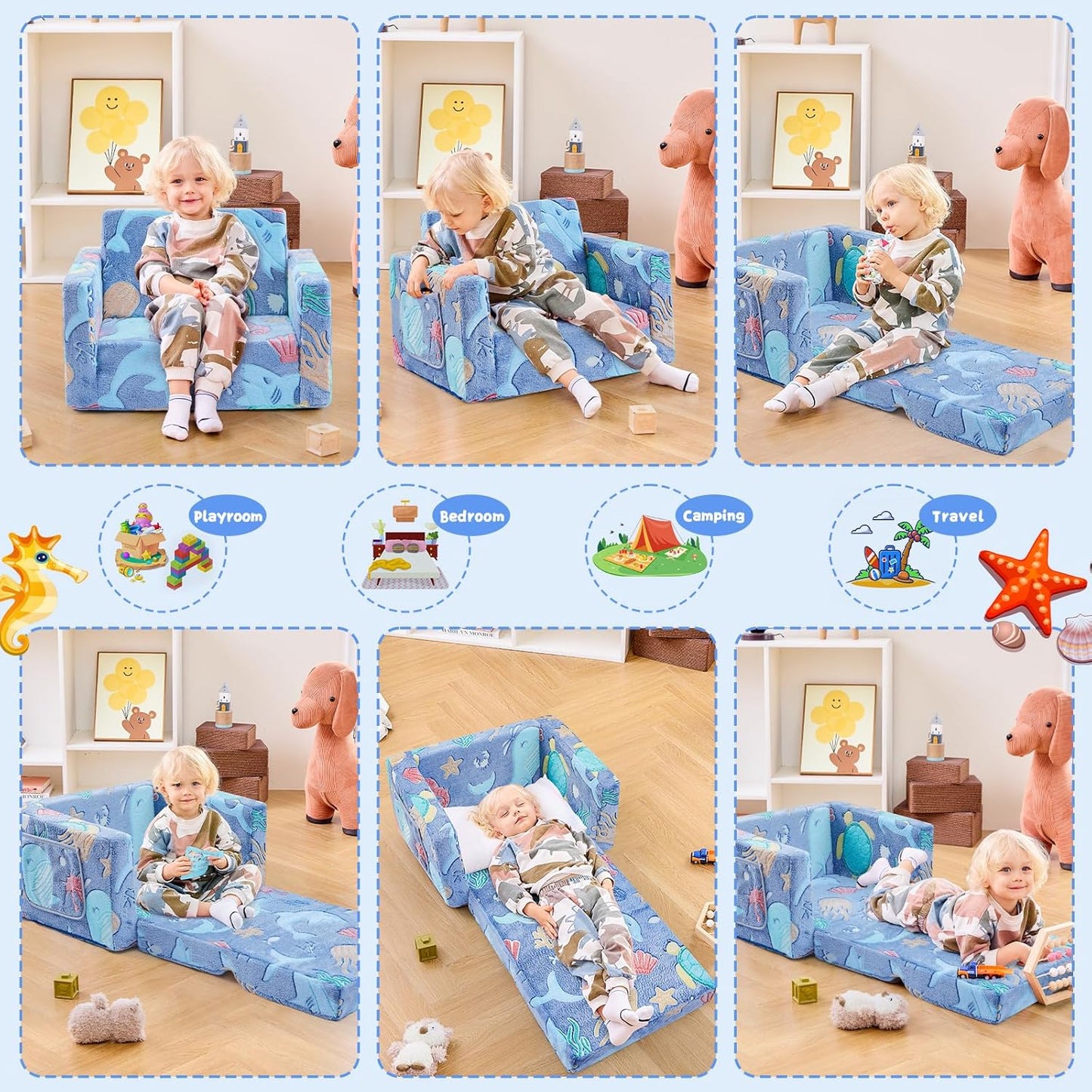 Toddler Chair Comfy,2-in-1 Soft Toddler Couch Fold Out for Kids,Convertible Sofa to Lounger,Gift for Girls and Boys Birthday,Ocean