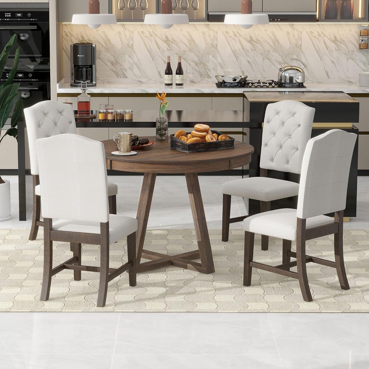 5 Pieces Dining Table Set with 42" Table,Living Room Furniture W/ 4 Upholstered Chairs,Tabletop Can be Adjusted from Round to Oval in Shape,for Restaurant,Home Bistro,Walnut
