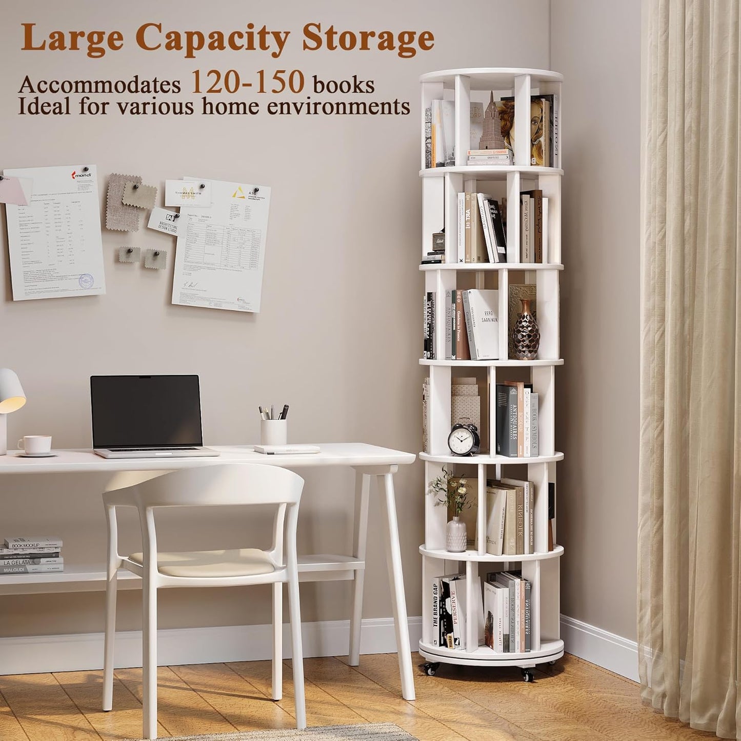 6 Tier Rotating Bookshelf Tower Spinning Bookshelf with Swivel Wheels Book Shelf Rotating Storage Tower for Kids Adult Narrow Walnut Solid Wood Revolving Bookcase Organizer for Bedroom Living Room