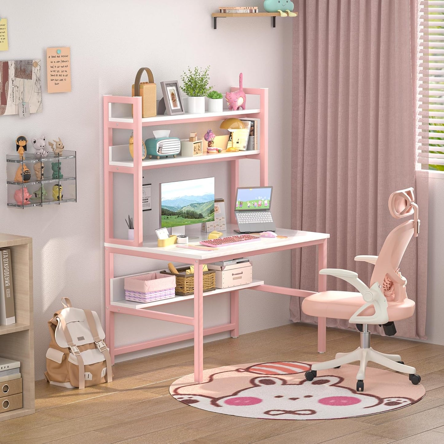 Aquzee Pink Desk with Hutch for Girls, 47in Computer Desk with Bookshelf for Teens Adults, Craft Table for Bedroom Kids Room, White Pink Study Table with Shelves for Storage