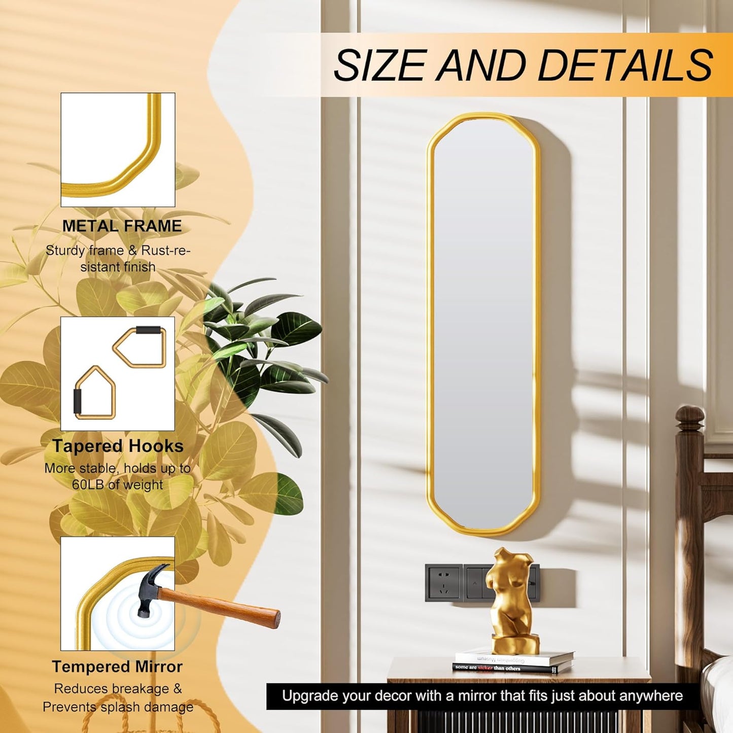 Modern Slim Wall Decor Mirror 10"x44" Gold - Skinny Wall Decor for Entryway, Bedroom, Nursery, Luxury Metal Frame with Anti-Shatter Glass