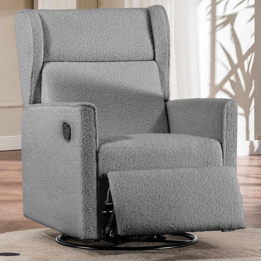 COMHOMA Nursery Rocking Chair Teddy Upholstered Swivel Rocker Recliner Manual Glider Reclining Chair for Living Room Bedroom Offices (Grey, 1 PCS)