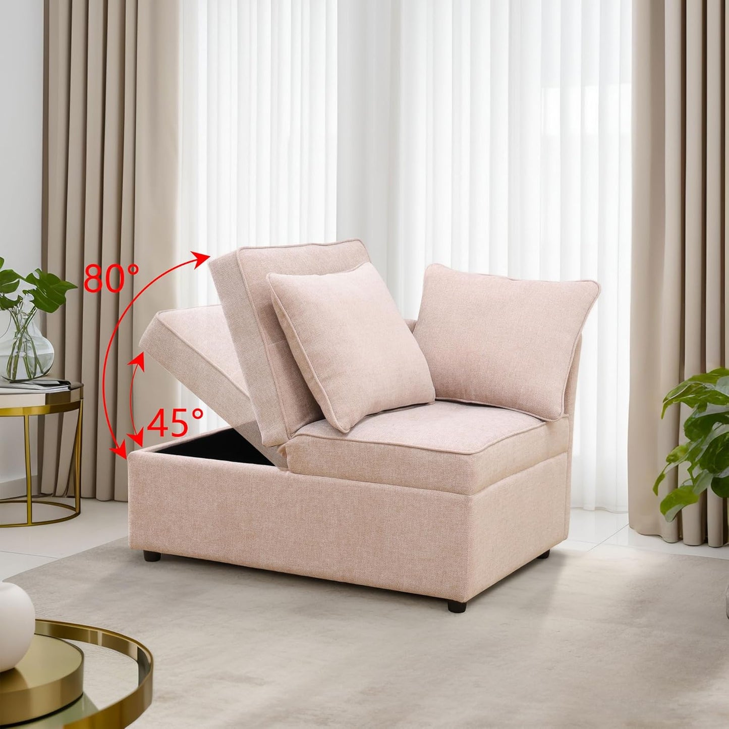 Convertible Ottoman Sofa with Storage, Modern Sackcloth Futon Couch with 2 Pillows Adjustable Backrest, Recliner Folding Loveseat for Living Room, Apartment Dorm, Office,Pink
