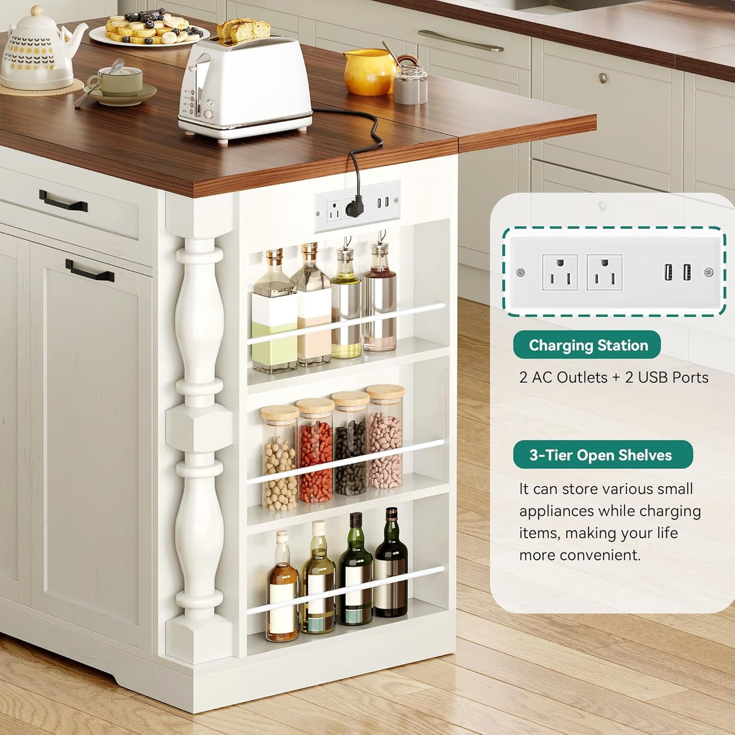 YITAHOME Americana Kitchen Island with Drop Leaf & Power Outlet, 47.6 inch Mobile Butcher Block Island Cart, Pull-Out Trash Can Storage, 3-Tier Spice Rack, White and Walnut