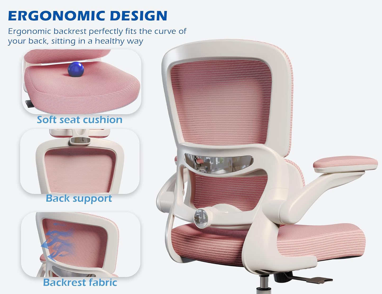 TRALT Ergonomic Office Chair - Desk Chair with Adjustable Lumbar Support Computer Chair - Mesh Comfy Chair with Flip-up Armrests - Gaming Chairs for Adults Home Office (Leather, Pink)