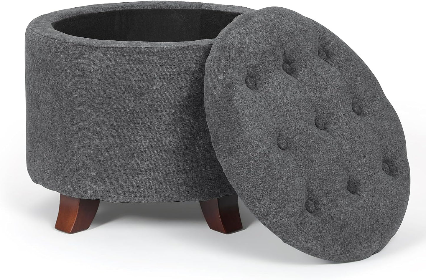 Athena Collection 20 Inch Small Ottoman with Storage, Round Linen Fabric Storage Ottoman with Removable Lid, Stylish Footstool Foot Rest for Living Room, Bedroom, Dorm, Dark Grey