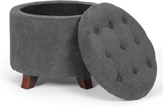 Athena Collection 20 Inch Small Ottoman with Storage, Round Linen Fabric Storage Ottoman with Removable Lid, Stylish Footstool Foot Rest for Living Room, Bedroom, Dorm, Dark Grey
