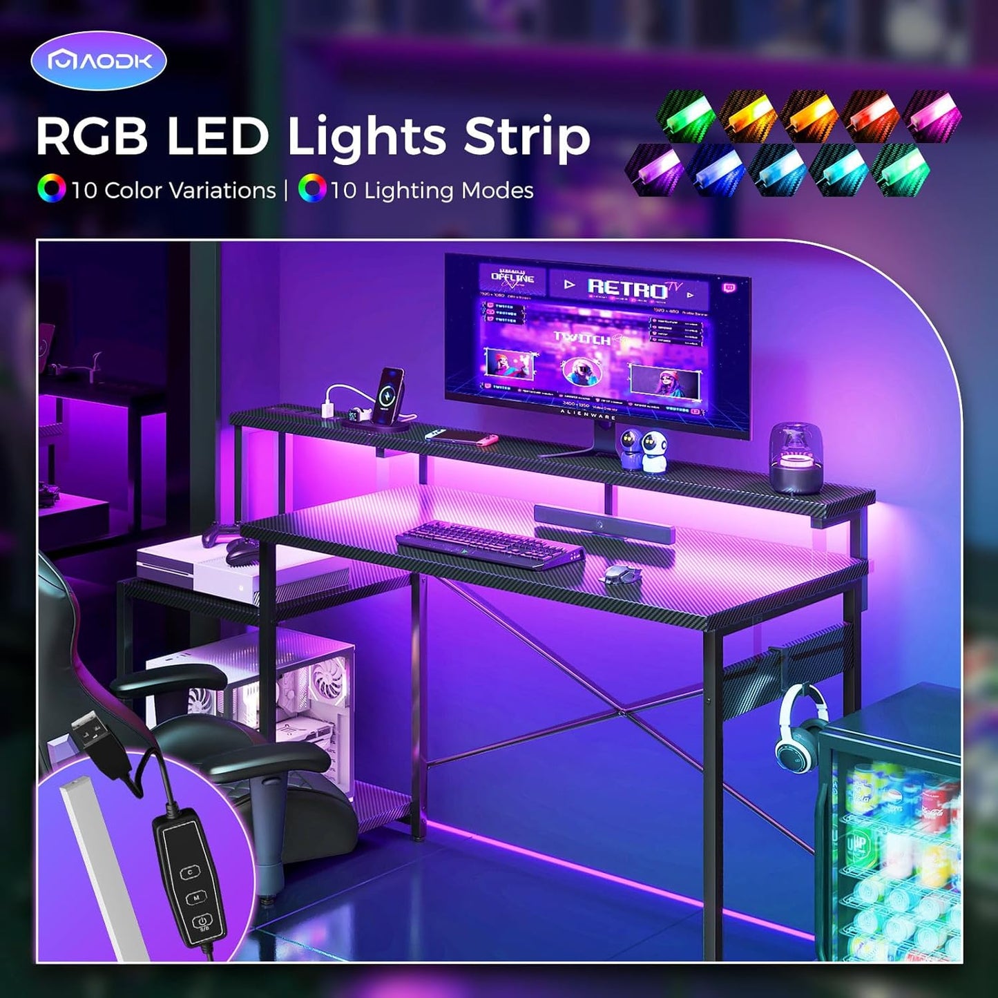 AODK Computer Desk, 56 Inch Gaming Desk with Led Lights & Power Outlet, Office Desk with Storage Shelves, Reversible Desk with Monitor Shelf & Headphone Hook, Carbon Fiber Black