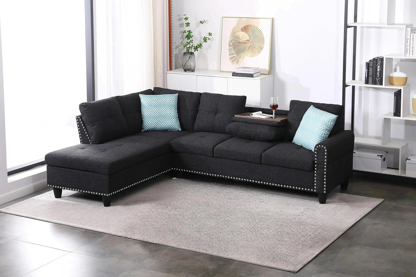 Ball & Cast 98" L Shaped Sectional Couch for Living Room,4 Seat Linen Upholstered Modular Sectional Sofa Set 2 PCS with Chaise,Coffee Table,Cup Holders & Nailhead Trim Design for Home,Office,Charcoal