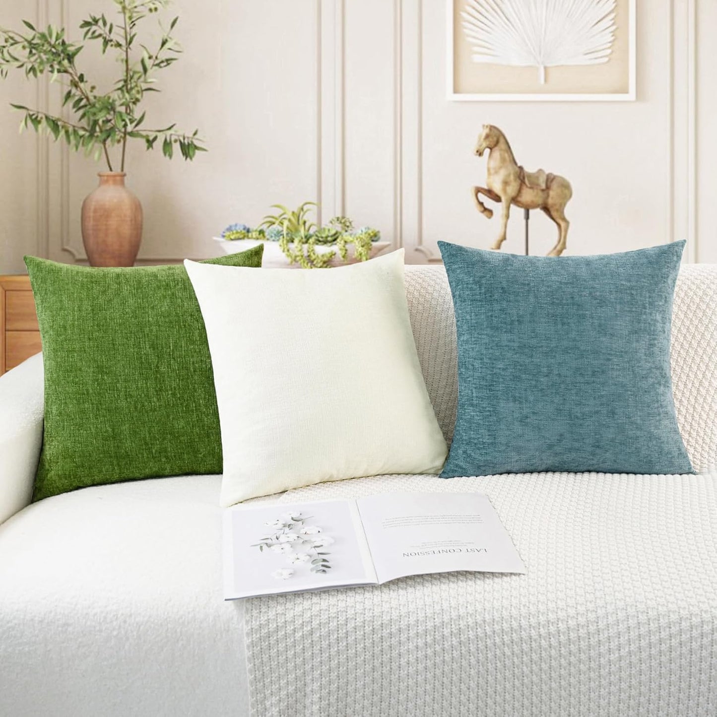 CaliTime Throw Pillow Covers Decorative 26 X 26 Inches Pack of 2 Cozy Chenille Cushion Cases for Couch Sofa Bed Living Room Home Cream