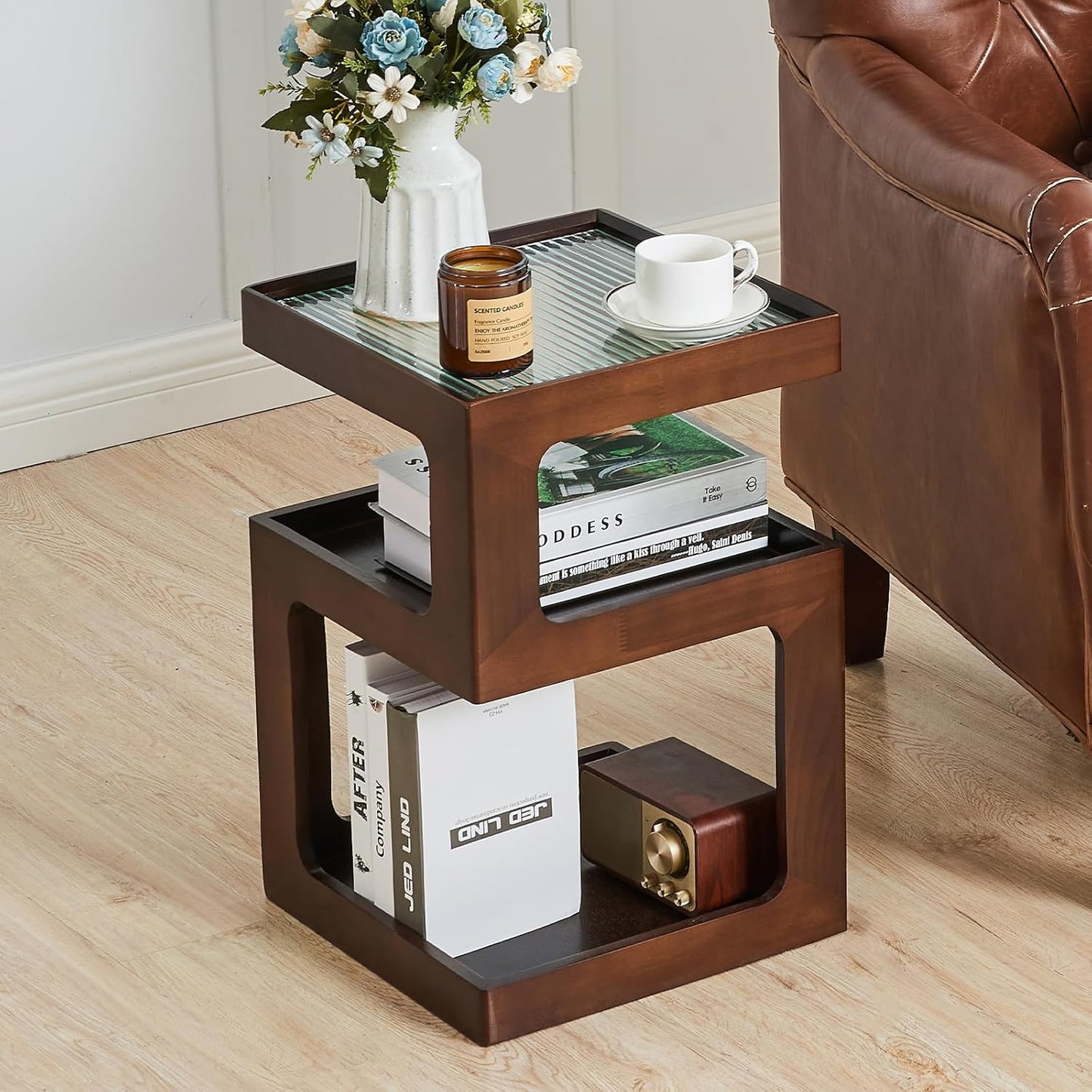 Uniclinens Bookshelf Nightstand 3-Tier Storage, End Side Table with Tempered Glass Desktop, Modern Solid Wood Bedside Table for Bedroom Living Room, Walnut