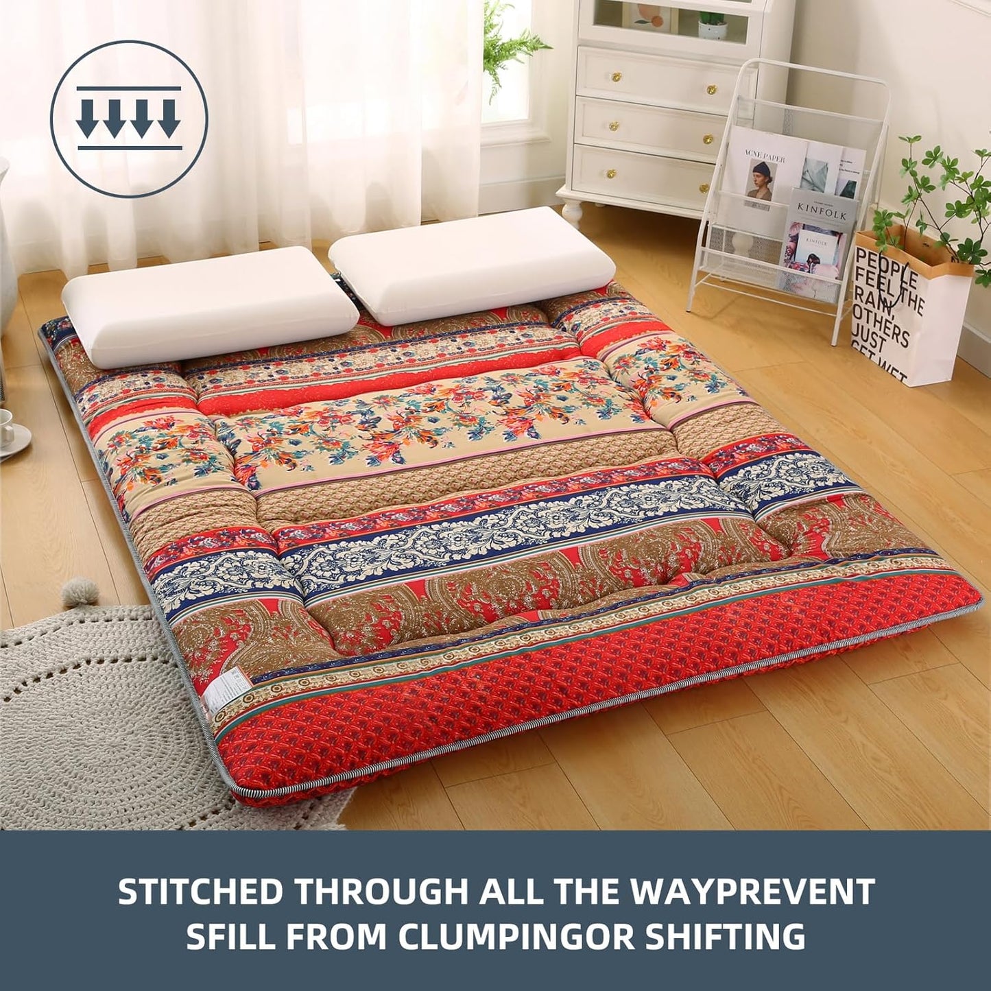 Bohemian Retro Japanese Floor Mattress, Vintage Floral Tatami Floor Mat, Portable Roll up Futon Mattress for Guest,Tavel (A,Twin 80" x 36")